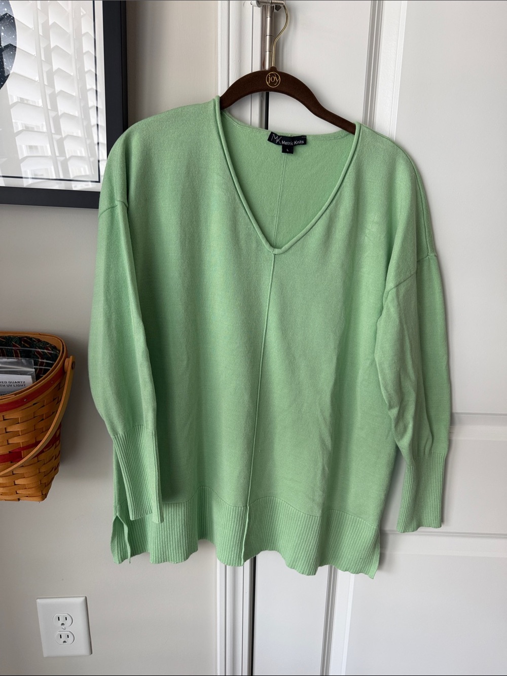 Metric Knits V neck light mint sweater